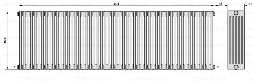 Схема (чертеж) Радиатор Zehnder Charleston 6180/53 №2670 Белый глянцевый RAL 9016